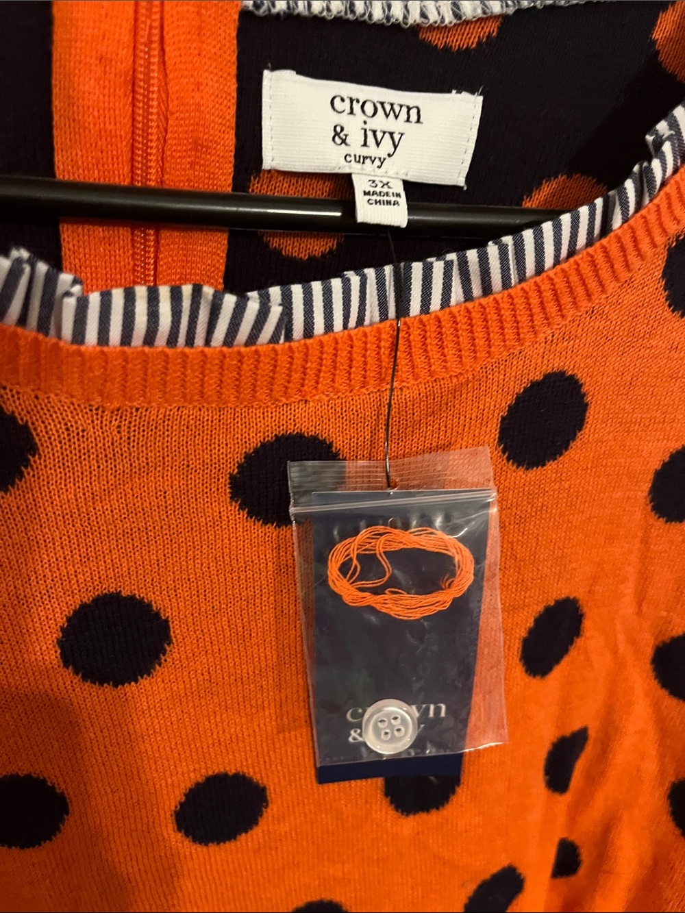 crown & ivy Orange Sweater with Navy Polka Dots
